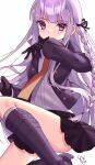  1girl black_gloves black_ribbon black_skirt braid danganronpa:_trigger_happy_havoc danganronpa_(series) dress_shirt glove_in_mouth gloves hair_ribbon highres jacket kirigiri_kyoko long_hair looking_at_viewer miniskirt mouth_hold necktie orange_necktie pink_eyes pink_hair purple_eyes ribbon shirt side_braid signature skirt solo watashishi 