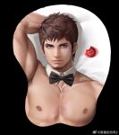  1boy anjingkuxiao ardbert_hylfyst bara black_bow black_bowtie blue_eyes bow bowtie breast_mousepad brown_hair detached_collar final_fantasy final_fantasy_xiv hyur large_pectorals looking_at_viewer male_focus mature_male mousepad_(medium) muscular muscular_male nipples nude pectorals short_hair sideburns smile solo thick_eyebrows upper_body 