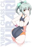  1girl ass bare_arms bare_legs bare_shoulders bow brown_eyes character_name closed_mouth commission competition_swimsuit cowboy_shot green_bow green_hair hair_bow hands_on_own_hips kantai_collection looking_at_viewer looking_back one-piece_swimsuit ponytail shigino_sohuzi short_hair skeb_commission smile solo swimsuit water white_background yuubari_(kancolle) 