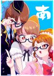  3girls adjusting_eyewear black-framed_eyewear black_headwear black_jacket black_necktie black_ribbon blue_background blunt_bangs blush border bow brown_eyes brown_hair closed_mouth collared_shirt confused earrings frilled_sleeves frills frown glasses hand_up idol_clothes index_finger_raised jacket jewelry long_hair long_sleeves looking_at_another looking_down minami_mirei moudoku_(decopon3rd) multiple_girls multiple_persona neck_ribbon necktie open_mouth pink_jacket ponytail pretty_(series) pripara red_bow ribbon semi-rimless_eyewear shirt short_sleeves smile sweatdrop under-rim_eyewear upper_body white_border white_shirt wide-eyed 