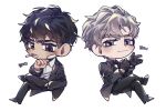  2boys black_eyes black_hair chibi formal gloves highres ilay_riegrow jeong_taeui light_smile male_focus multiple_boys necktie passion_(manhwa) patch simple_background smoking suit translated white_background white_hair 