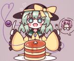  +_+ 1girl :d black_headwear blush blush_stickers bow butter buttons diamond_button food fork frilled_shirt_collar frilled_sleeves frills green_eyes green_hair hairband hat hat_bow heart heart_of_string highres holding holding_fork holding_knife knife komeiji_koishi komeiji_satori light_green_hair long_sleeves medium_hair open_mouth pancake pancake_stack pink_hair plate shirt simple_background sleeves_past_wrists smile solo syrup t_t third_eye touhou waroemon yellow_bow yellow_shirt 