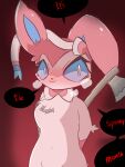  anthro axe dialogue eeveelution female generation_6_pokemon hi_res insane looking_at_viewer nintendo pokemon pokemon_(species) ram_g_thunder solo speech_bubble steam sylveon 