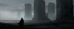  1other building city cityscape cloak cloud cloudy_sky commentary dark day from_behind haru_akira highres original outdoors post-apocalypse ruins scenery sky solo standing wide_shot 