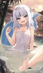  1girl architecture arm_support bamboo barefoot blue_hair blue_nails blunt_bangs blurry blurry_background collarbone east_asian_architecture feet fins fish_tail flat_chest gawr_gura grey_hair hair_ornament hand_up highres hololive hololive_english knee_up looking_at_viewer multicolored_hair naked_towel onsen open_mouth outdoors partially_submerged shark_girl shark_tail sharp_teeth soles solo streaked_hair tail teeth thomas_8000 toenails toes towel two_side_up virtual_youtuber water 