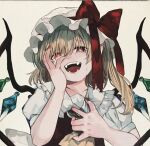  1girl ascot blonde_hair bow collared_shirt crying crying_with_eyes_open crystal fangs flandre_scarlet frilled_shirt_collar frills hair_between_eyes hand_on_own_face hands_on_own_chest hat hat_bow hat_ribbon highres medium_hair mob_cap multicolored_wings nail_polish niseneko_(mofumofu_ga_ienai) one_side_up open_mouth puffy_short_sleeves puffy_sleeves red_bow red_eyes red_nails red_ribbon red_vest ribbon shirt short_sleeves simple_background solo tears teeth touhou upper_body vest white_background white_headwear white_shirt wings yellow_ascot 