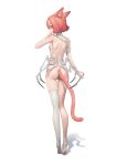  1girl absurdres animal_ears animal_feet ass back bandaged_neck bandages blonde_hair blush breasts cat_ears cat_girl cat_tail from_behind highres lingxia looking_back multicolored_hair original pink_hair red_eyes shadow short_hair simple_background single_thighhigh small_breasts solo streaked_hair tail thighhighs toeless_legwear white_background white_thighhighs 