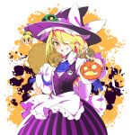  1girl absurdres apron ascot black_headwear black_vest blonde_hair blue_ascot broom frilled_apron frills grin hair_over_one_eye halloween halloween_costume hat highres holding holding_broom ichizen_(o_tori) jack-o&#039;-lantern kirisame_marisa long_hair looking_at_viewer one-hour_drawing_challenge shirt short_sleeves skirt smile solo striped striped_skirt touhou vertical-striped_skirt vertical_stripes vest waist_apron white_apron white_shirt witch_hat yellow_eyes 