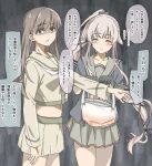  2girls black_gloves black_jacket brown_eyes brown_hair closed_eyes gloves grey_sailor_collar grey_skirt hair_flaps hair_ribbon highres jacket kantai_collection kirisaki_seeker long_hair long_sleeves midriff miniskirt multiple_girls navel neckerchief ooi_(kancolle) ooi_kai_ni_(kancolle) pink_hair pleated_skirt ponytail ribbon sailor_collar school_uniform serafuku shaded_face short_sleeves skirt smile speech_bubble translation_request very_long_hair white_neckerchief yellow_sailor_collar yellow_serafuku yellow_skirt yura_(kancolle) yura_kai_ni_(kancolle) 