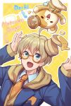  1boy :d ahoge bear blonde_hair blue_eyes blue_jacket blue_shirt border character_name collared_shirt commentary_request do-ki_(natsume_renge) food food-themed_hair_ornament glasses green_necktie hair_ornament honey honeypot hood hood_down hoodie jacket long_sleeves looking_up male_focus multiwhite natsume_renge necktie orange-framed_eyewear orange_necktie outside_border pancake pancake_stack partially_unzipped pot_on_head sanrio semi-rimless_eyewear shirt smile sparkle_background suit virtual_youtuber white_border wing_collar yellow_background yellow_hoodie 
