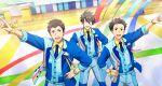  3boys :d akuno_hideo aqua_eyes black_hair blue_necktie brown_eyes brown_hair buttons collared_shirt fingernails frame_(idolmaster) hand_on_own_hip hands_on_own_hips highres idolmaster idolmaster_side-m idolmaster_side-m_growing_stars index_finger_raised kimura_ryu looking_at_viewer male_focus multiple_boys necktie official_art open_mouth purple_eyes sharp_teeth shingen_seiji shirt smile teeth upper_teeth_only watch 