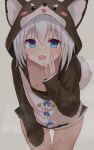  1girl :o animal_hood arm_at_side ass_visible_through_thighs bell blue_bow blue_eyes bottomless bow breasts collarbone cowboy_shot downblouse eruon fang grey_background grey_hair hair_between_eyes hand_to_own_mouth hand_up highres hood hood_up hoodie jingle_bell kohaku_nene la_peche_party leaning_forward light_blush long_sleeves looking_ahead medium_hair nipple_slip nipples no_bra open_mouth pom_pom_(clothes) simple_background skin_fang sleeves_past_fingers sleeves_past_wrists small_breasts smile tail thigh_gap two-tone_hoodie virtual_youtuber 