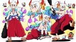  1girl 2boys aqua_hair blue_hair breasts brown_eyes chain character_request cleavage club_(weapon) curled_horns earrings geta hakama hakama_pants hand_on_own_hip highres horns japanese_clothes jewelry kanabou kimono large_breasts leg_up monkey_d._luffy multicolored_hair multiple_boys multiple_views one_piece open_mouth orange_horns pants ponytail red_hakama red_horns rope scott_malin shadow sideboob sleeveless sleeveless_kimono solo_focus spiked_club two-tone_horns weapon white_hair wrist_cuffs yamato_(one_piece) 