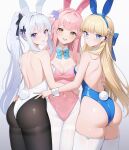  3girls absurdres animal_ears ass black_pantyhose blonde_hair blue_archive blue_eyes blue_leotard blue_nails blue_ribbon blush breasts commentary commentary_request commission detached_collar fake_animal_ears fake_tail flower hair_bun hair_flower hair_ornament highres kiu6 leotard long_hair looking_at_viewer mika_(blue_archive) miyako_(blue_archive) multiple_girls nail_polish neck_ribbon open_mouth pantyhose pink_hair pink_leotard pixiv_commission playboy_bunny purple_eyes rabbit_ears rabbit_tail ribbon simple_background single_side_bun tail teeth thighhighs toki_(blue_archive) toki_(bunny)_(blue_archive) upper_teeth_only v white_hair white_leotard white_pantyhose white_thighhighs yellow_eyes 