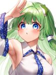  1girl absurdres armpits bare_shoulders blue_eyes blush commentary detached_sleeves frog_hair_ornament green_hair hair_ornament hair_tubes highres japanese_clothes kochiya_sanae long_hair nontraditional_miko parted_lips simple_background solo touhou upper_body waramori_fuzuka white_background white_sleeves wide_sleeves 