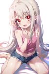  1girl ai-generated barefoot breasts casual denim denim_shorts fate/grand_order fate/kaleid_liner_prisma_illya fate_(series) film_grain finger_to_cheek hanagata_kai illyasviel_von_einzbern light_particles long_hair looking_at_viewer midriff navel open_mouth red_eyes short_shorts shorts sitting small_breasts smile solo tank_top very_long_hair wariza white_background white_hair 