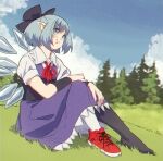  1girl asymmetrical_legwear blue_bow blue_dress blue_eyes blue_hair blue_sky bow cirno cirno_day closed_mouth cloud collared_shirt commentary detached_wings dress english_commentary forest full_body hair_bow highres ice ice_wings mismatched_legwear nature outdoors pointy_ears red_footwear seiza shirt shoes short_hair short_sleeves sitting sky smile sneakers solo touhou ultragruntyy white_shirt wings 