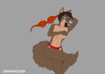  anthro bikini breast_grab breasts brown_body brown_hair canid canine canis clothing female green_eyes hair hand_on_breast hi_res mammal open_mouth red_clothing shvarnolion solo swimwear wolf 