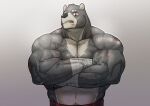  2021 abs absurd_res anthro arm_scar bear biceps black_bear black_body black_fur boxing_shorts cheek_scar clothed clothing crossed_arms deltoids eyebrow_scar facial_scar flexor_carpi fur gold_(metal) gold_tooth hi_res husky_(artist) koreanhusky male mammal multicolored_body multicolored_fur navel notched_eyebrow pecs pubes red_eyes scar shoulder_scar side_eye solo soonsky_ksk topless triceps two_tone_body two_tone_fur ursine vein veiny_muscles white_body white_fur wraps wrist_wraps 