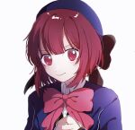  1girl arima_kana blue_headwear blue_jacket bob_cut closed_mouth hat hat_ribbon highres inverted_bob ioi_qq jacket light_blush looking_at_viewer oshi_no_ko pink_ribbon red_eyes red_hair ribbon school_uniform short_hair simple_background upper_body white_background youtou_high_school_uniform 