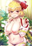  1girl black_panties blonde_hair blush breasts collarbone cowboy_shot finger_to_mouth goriyaku large_breasts long_sleeves looking_at_viewer navel nipples no_pants panties plant ribbon rumia shirt solo tongue tongue_out touhou underwear white_shirt window 