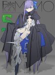  1girl armored_boots black_jacket blue_eyes blue_ribbon boots breasts cropped_jacket crotch_plate fate/grand_order fate_(series) full_body hair_ribbon highres jacket long_hair long_sleeves looking_at_viewer meltryllis_(fate) navel prosthesis prosthetic_leg purple_hair ribbon sleeves_past_fingers sleeves_past_wrists small_breasts solo very_long_hair wada_arco 