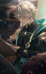  1boy ahoge alhaitham_(genshin_impact) artist_name black_gloves black_shirt blurry blurry_background book bookshelf cable chest_jewel closed_mouth commentary_request compression_shirt elbow_gloves gem genshin_impact gloves gold_trim green_eyes green_gemstone grey_hair hair_between_eyes headphones holding holding_book indoors lens_flare looking_at_viewer male_focus open_book oppi_(ksop28) parted_bangs partially_fingerless_gloves shirt short_hair sidelocks sideways_glance signature sitting sleeveless sleeveless_shirt solo swept_bangs 