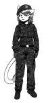  2022 absurd_res anthro black_and_white bottomwear callmewritefag camo camo_clothing camo_print cannelle_muscat clothed clothing cyberconnect2 digital_drawing_(artwork) digital_media_(artwork) domestic_cat felid feline felis female fuga:_melodies_of_steel fur hair headgear hi_res little_tail_bronx looking_at_viewer mammal mature_anthro mature_female monochrome pants pattern_clothing screentone shirt simple_background sketch solo topwear uniform 