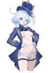  1girl absurdres blue_eyes blue_hair blue_headwear blue_jacket blush breasts cropped_legs female_pubic_hair furina_(genshin_impact) genshin_impact gloves grey_hair hair_between_eyes hat heterochromia highres jacket lcy_bingzi long_sleeves looking_at_viewer medium_breasts mismatched_pupils multicolored_hair navel nipples open_clothes open_jacket open_mouth pubic_hair short_hair shorts simple_background solo stomach_bulge thigh_strap top_hat white_background white_gloves white_shorts 