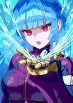  angry belt blue_hair blunt_bangs bodysuit breasts cryokinesis gloves highres kula_diamond long_hair medium_breasts open_mouth purple_eyes snk the_king_of_fighters upper_body yagi2013 