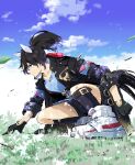  1girl animal_ears black_gloves black_hair black_shorts black_socks blue_eyes blue_shirt blue_sky button_gap clenched_hand cloud cloudy_sky commentary_request ear_covers gloves grass hair_ornament hand_on_ground highres hojogricaaaaap horse_ears horse_girl horse_tail jacket katsuragi_ace_(umamusume) long_sleeves medium_hair multicolored_hair open_clothes open_jacket outdoors ponytail shirt shoes shorts sky sneakers socks solo streaked_hair tail tassel tassel_hair_ornament umamusume white_footwear 