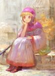 1girl blonde_hair blunt_bangs brown_footwear building closed_mouth dragon_quest dragon_quest_ii full_body green_bag hand_on_own_chin highres hood light_smile long_hair long_sleeves outdoors pink_headwear princess_of_moonbrook red_eyes robe sitting solo staff white_robe yuza 