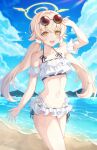  1girl absurdres arm_garter arm_up armpits bare_shoulders beach bikini bikini_skirt blonde_hair blue_archive collarbone day eyewear_on_head frilled_bikini frills hair_ornament halo halterneck hifumi_(blue_archive) hifumi_(swimsuit)_(blue_archive) highres long_hair looking_at_viewer low_twintails midriff navel ocean official_alternate_costume open_mouth outdoors round_eyewear smile solo stomach string_bikini sunglasses sunlight swimsuit thighs twintails wet white_bikini yellow_eyes yulha_06 