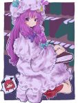  absurdres book crescent crescent_hat_ornament frills hair_ribbon hat hat_ornament head_wings highres koakuma long_hair mob_cap mugi_(mugimugi_9kv) patchouli_knowledge purple_eyes purple_hair red_hair ribbon touhou wings 