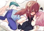  2girls borushichi chiyoda_momo curled_horns demon_girl demon_tail horns long_hair looking_at_another lying machikado_mazoku multiple_girls on_back pink_hair red_hair short_hair tail yoshida_yuuko_(machikado_mazoku) yuri 