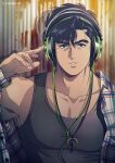  1boy absurdres bara black_hair black_shirt black_tank_top city_hunter collarbone drop_shadow fingernails headphones highres jacket jewelry large_pectorals looking_at_viewer male_focus muscular muscular_male necklace parted_lips pectorals plaid plaid_jacket rust saeba_ryou shirt short_hair solo tank_top twitter_username upper_body wall yuu_(masarunomori) 