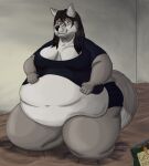  anthro bed big_breasts big_butt breasts butt canid canine canis chips_(food) female food furniture hi_res inside mammal obese obese_anthro obese_female osiol overweight overweight_anthro overweight_female solo wolf 