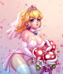  1girl artist_name bare_shoulders blonde_hair blushyspicy breasts bride choker cleavage closed_mouth collarbone confetti earrings elbow_gloves flower gloves gradient_background hair_ornament highres jewelry large_breasts leotard long_hair looking_at_viewer mario_(series) princess_peach saliva sharp_teeth shiny_skin solo teeth thighhighs tiara tongue tongue_out white_choker white_flower white_gloves white_leotard white_thighhighs 