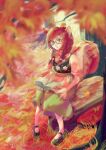  1girl :o absurdres animal_crossing animal_ears artist_name autumn_leaves black_footwear blurry blurry_foreground book braid brown_eyes floral_print glasses highres open_book outdoors personification poppy_(animal_crossing) short_sleeves sitting skirt tree youcing 