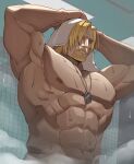  1boy abs after_bathing armpits bara bathroom beard blonde_hair blue_eyes dog_tags drying drying_hair facial_hair guile highres large_pectorals long_hair male_focus mature_male muscular muscular_male nipples nude pectorals sa1k0p solo steam street_fighter street_fighter_6 towel towel_on_head upper_body wet white_towel 