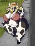  anthro belly big_breasts biped blonde_hair bottle bovid bovine breasts cattle clothed clothing container cowbell curvy_figure detailed_background digital_drawing_(artwork) digital_media_(artwork) farmer female hair hat headgear headwear hi_res horn lingerie looking_at_viewer mammal matilda_(mexifurfoof) mature_female mexifurfoof milk milk_bottle overweight sidewalk smile solo stretch_marks thick_thighs voluptuous wide_hips 