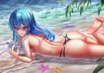  1girl alternate_costume ass barefoot beach bikini bikini_bottom_only black_bikini blue_eyes blue_hair blush breasts day earrings eyelashes feet foot_out_of_frame from_side hair_between_eyes hand_up head_rest highres hololive hoshimachi_suisei jagoo jewelry large_areolae long_hair looking_at_viewer lying nipples ocean on_stomach open_mouth outdoors sand shiny_skin sidelocks small_breasts smile soles solo star_(symbol) star_in_eye starfish swimsuit symbol_in_eye thighs toes topless virtual_youtuber water wet 