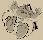  absurd_res another_eidos_of_dragon_vein_r anthro belly big_feet bottomwear clothing feet foot_focus footpawless grin hi_res low-angle_view male moobs overweight patty_(anothereidos_r) sasquatch shorts sketchy smile solo 