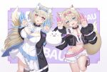 2girls :3 :d animal_ear_fluff animal_ears belt black_jacket blonde_hair blue_belt blue_eyes blue_hair blue_nails breasts cropped_jacket cropped_shirt dog_ears dog_girl dog_tail dress fake_claws fangs flat_chest frilled_shorts frills fur-trimmed_jacket fur_trim fuwawa_abyssgard highres hololive hololive_english jacket long_hair looking_at_viewer medium_hair midriff mococo_abyssgard multicolored_hair multiple_girls navel open_mouth perroccino_(fuwamoco) pink_belt pink_eyes pink_hair pink_nails shoes short_shorts shorts siblings single_fishnet_legwear sisters skin_fangs smile sneakers streaked_hair tail twins virtual_youtuber white_dress white_footwear white_shorts yoshiyubisashi 
