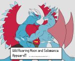  anthro blue_body bottomwear clothing daikuhiroshiama duo generation_3_pokemon heart_(marking) hi_res jockstrap loincloth looking_at_viewer male male/male moon nintendo pokemon pokemon_(species) pokemon_text roaring salamence underwear wings 