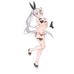 1girl ^^^ bare_legs bikini black_bikini blush bow bowtie breasts brown_eyes cleavage covering covering_breasts damaged detached_collar feet five-seven_(cruise_queen)_(girls&#039;_frontline) five-seven_(girls&#039;_frontline) five-seven_(gun) full_body girls&#039;_frontline grey_hair gun hair_ribbon handgun high_heels large_breasts leg_ribbon navel official_alternate_costume official_art ponytail ribbon side-tie_bikini_bottom solo standing standing_on_one_leg suisai_(suisao) swimsuit tears thigh_ribbon toes transparent_background untied untied_bikini wardrobe_malfunction weapon 