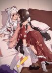  ! 3girls absurdres animal_ears barefoot bed blush brown_eyes brown_hair closed_mouth commentary_request fujiwara_no_mokou highres houraisan_kaguya indoors long_hair lying lyutikovski multiple_girls on_back parted_lips purple_hair rabbit_ears red_eyes reisen_udongein_inaba shadow shoes shoes_removed single_shoe soles teeth toes tongue touhou upper_teeth_only very_long_hair white_hair yuri 