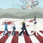  2girls 5boys abbey_road animal_ears arms_behind_back barefoot barghest_(fate) bart_simpson black_footwear black_hair black_robe black_suit blonde_hair blood blue_hair blue_pants blue_shirt breasts closed_eyes closed_mouth corn_dog fate/grand_order fate_(series) hands_in_pockets highres homer_simpson horns house_tag_denim ibuki_douji_(fate) insect_wings koyanskaya_(lostbelt_beast:iv)_(fate) large_breasts melusine_(fate) multicolored_hair multiple_boys multiple_girls oberon_(fate) oberon_(third_ascension)_(fate) open_mouth pants robe shirt strangling suit tai_gong_wang_(fate) the_beatles the_simpsons twitter_username white_footwear white_suit wings 