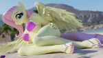  3d_(artwork) 5_toes absurd_res anthro beach bikini clothing digital_media_(artwork) equid equine feet female flip_flops fluttershy_(mlp) footwear friendship_is_magic hand_on_hip hasbro hi_res humanoid_feet looking_at_viewer lying mammal my_little_pony on_side pegasus plantigrade sandals seaside shadowboltsfm solo swimwear toes wings 