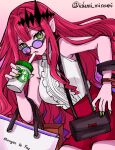  1girl bag baobhan_sith_(fate) bare_shoulders breasts center_frills cup drinking_straw earrings fate/grand_order fate_(series) frills green_eyes highres izumi_minami jewelry large_breasts long_hair looking_at_viewer open_mouth pink_hair pointy_ears red_shorts round_eyewear shirt shorts shoulder_bag sidelocks sleeveless sleeveless_shirt sunglasses thighs tiara tinted_eyewear white_shirt 